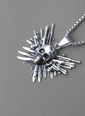 欧美时尚复古项链 霸气机枪骷髅吊坠 钛钢潮人个性不锈钢项坠
