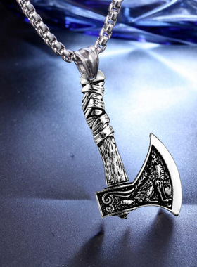2024龙骨链外贸不锈钢维京乌鸦狼头斧加凯尔特狼头吊坠项链批发