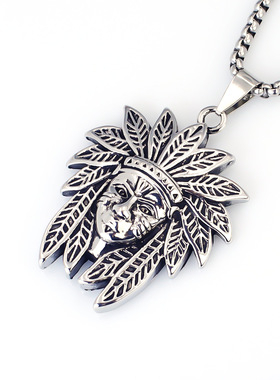 欧美不锈钢印第安人吊坠朋克项链男潮复古钛钢部落人像项坠