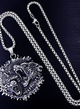 跨境饰品维京双狼头钛钢吊坠个性复古嘻哈男士不锈钢项链厂家直销