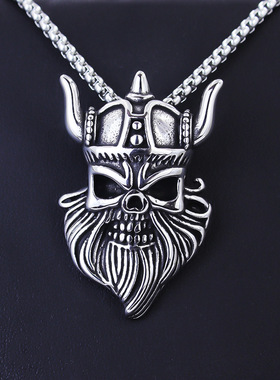外贸欧美朋克饰品批发吊坠男士项链 牛魔王骷髅头战神不锈钢项链