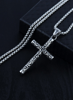新款雕刻复古十字架项链欧美流行饰品 时尚钛钢吊坠 速卖通货源