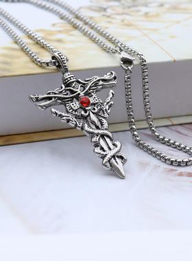 促销不锈钢首饰双龙剑钛钢项链吊坠复古朋克十字架招财转运潮男