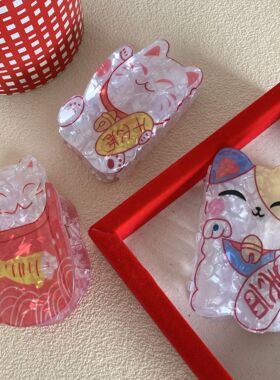 招财猫抓夹亚克力发抓发财头饰宝宝可爱卡通少女后脑勺盘发鲨鱼夹