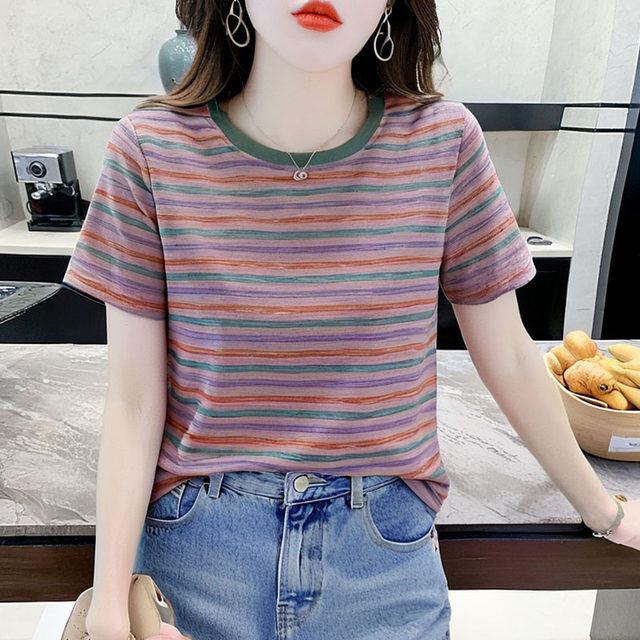 Rainbow Striped Right Shoulder T-Shirt Women's Summer New Loose