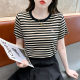 ເສື້ອຍືດແຂນສັ້ນ embroidered Striped ເສື້ອທີເຊີດຂອງແມ່ຍິງວ່າງຄໍຮອບ