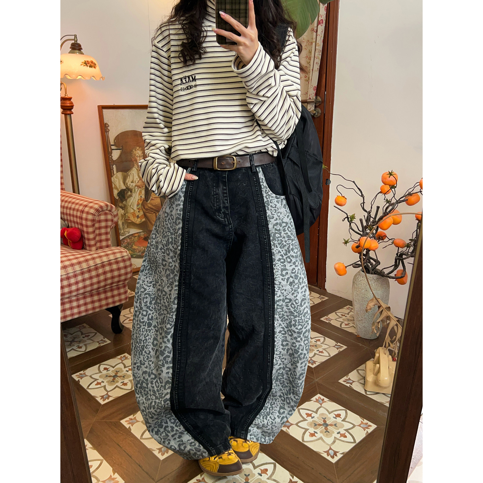 【新品买二送一】复古豹纹拼接阔腿裤女老钱风立体剪裁弯刀裤长裤,淘宝优惠券,粉丝福利购,淘宝优惠卷