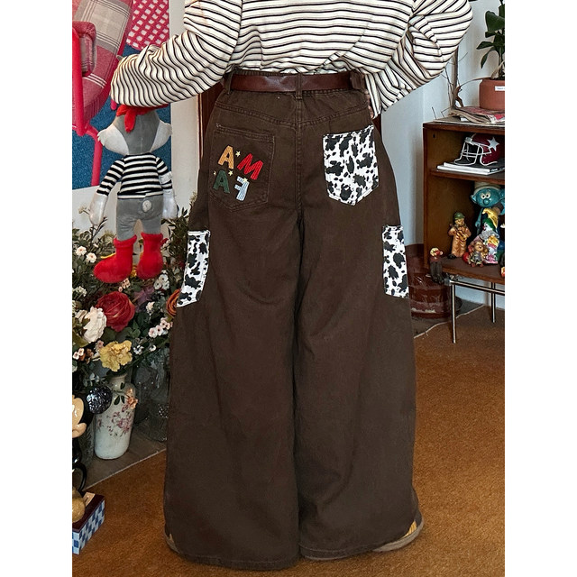 C2 homemade/American retro style ກາຕູນ embroidered jeans ສໍາລັບແມ່ຍິງ, ກາງເກງຂາກວ້າງວ່າງອະເນກປະສົງ