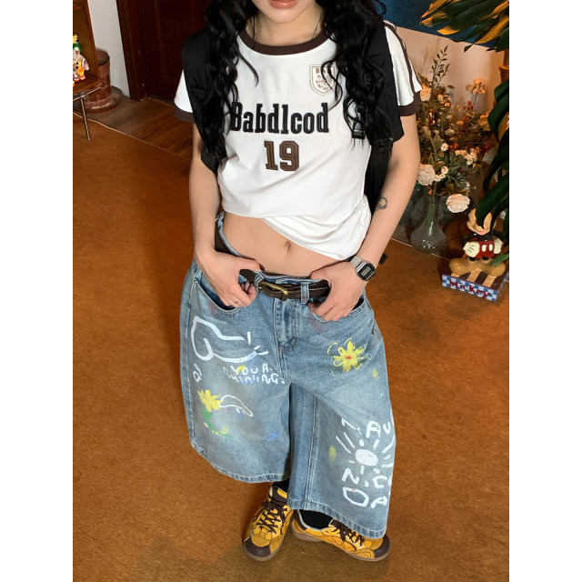 C2 homemade / graffiti ພິມ jeans ສາມໄຕມາດ summer ແມ່ຍິງໃຫມ່ວ່າງ bf ແບບເດັກນ້ອຍມ່ວນ pants