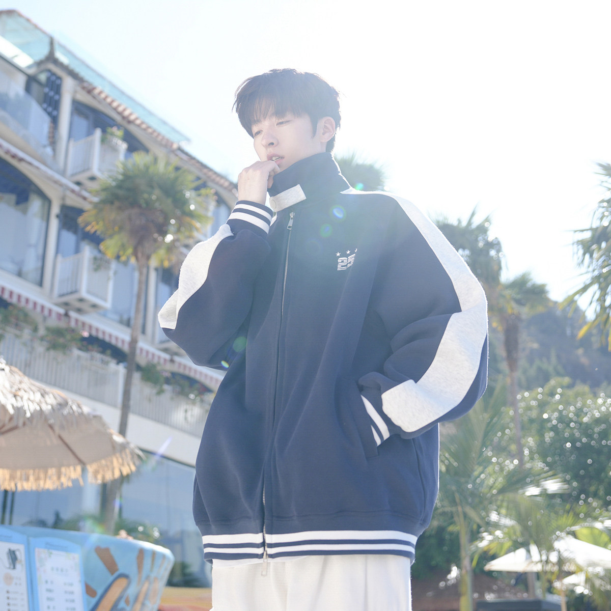 @港仔文艺男 刺绣撞色立领外套男秋冬季美式学院风休闲运动夹克,淘宝优惠券,粉丝福利购,淘宝优惠卷