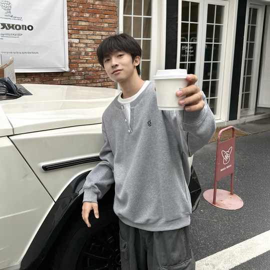 Fake two-piece henley collar sweatshirt men's heavyweight pullover