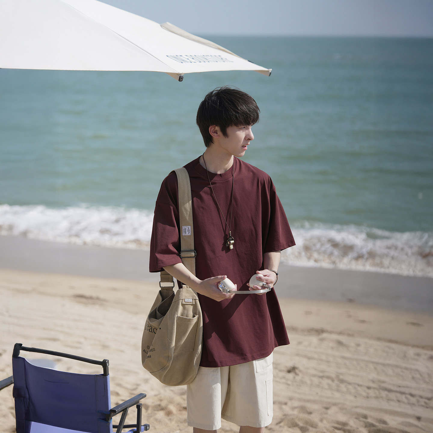 @港仔文艺男日系短袖T恤男夏季潮牌重磅纯色宽松男生纯棉半袖体恤