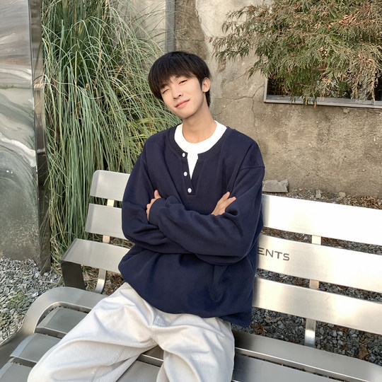 Fake two-piece henley collar sweatshirt men's heavyweight pullover