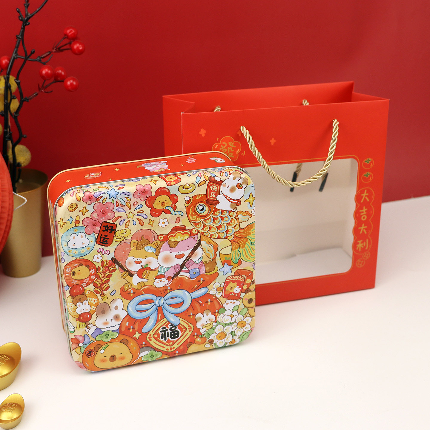 马年生肖原创手绘正方形曲奇饼干雪花酥糖果点心礼品包装马口铁盒,淘宝优惠券,粉丝福利购,淘宝优惠卷