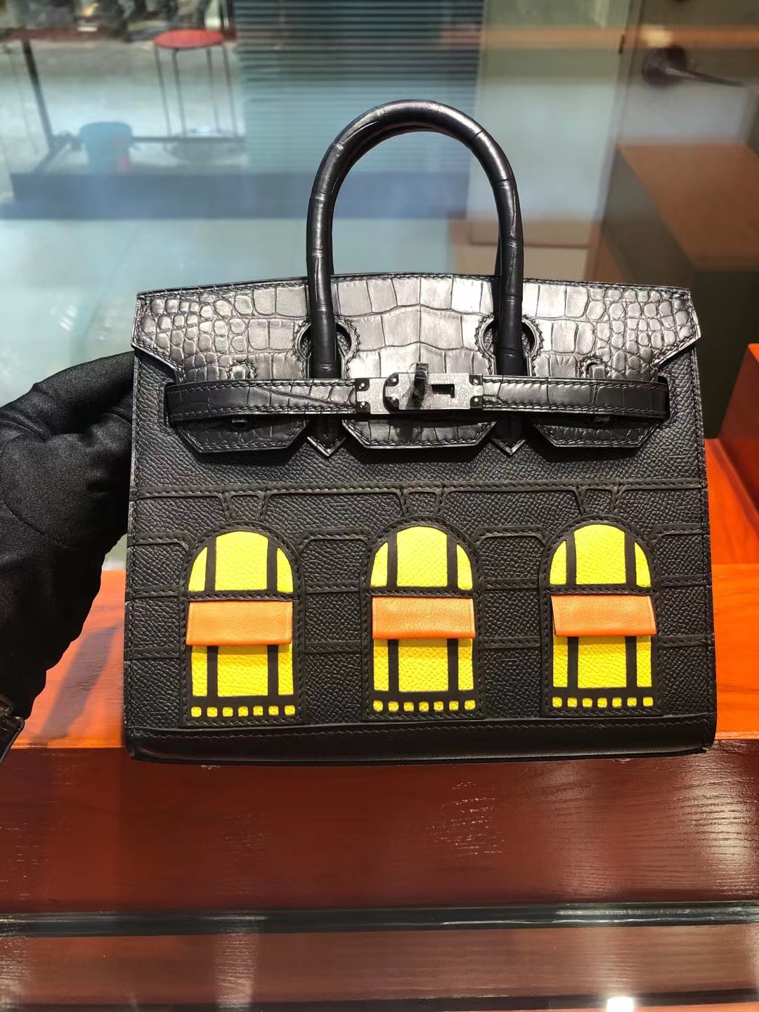 H家Birkin 小房子进口鳄鱼皮铂金包手工蜡线镂空拼接手提百搭女包 - 图3