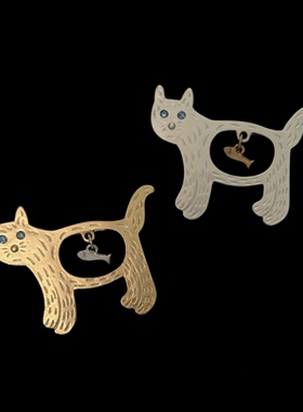 欧美复古镂空晃动小鱼猫咪胸针 文艺简约小猫别针金银两色