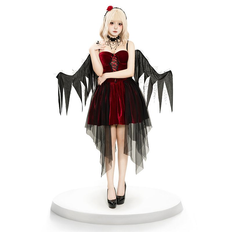 小恶魔欧美万圣节cos衣服角色舞台扮演服恶魔天使翅膀连衣裙套装 - 图1