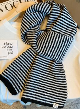 冬季黑色细条纹软糯针织围巾女