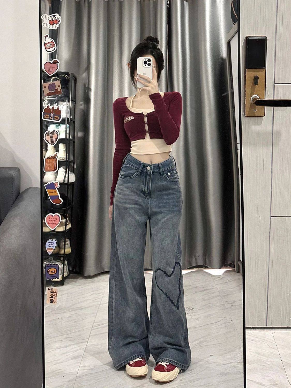 夏季中大童新款美式高街牛仔裤爱心印花设计感高腰学生直筒拖地裤,淘宝优惠券,粉丝福利购,淘宝优惠卷