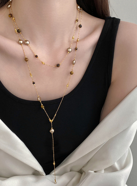 美拉德虎眼石珍珠项链女秋冬季2025爆款百搭轻奢高级感长款毛衣链