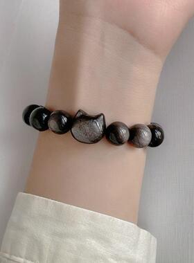 天然银曜石猫咪猫头黑曜石情侣款男女款水晶手链闺蜜个性小众设计