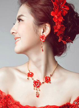 红色项链耳环结婚新娘奢华超仙二件套装奢华简约韩式饰品演出头饰