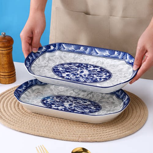 青花瓷鱼盘单个中式组合可蒸烤长方形鱼子盘酒店大号碟子陶瓷家用 - 图0