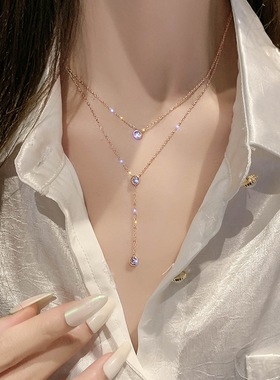 钛钢双层水钻项链女气质冷淡风颈链简约仙女网红吊坠锁骨链女现货