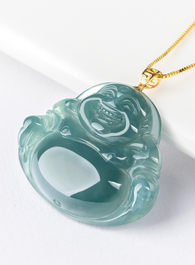 天然翡翠蓝水弥勒佛18k扣头挂件