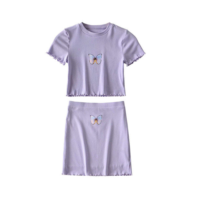 Butterfly print sexy T-shirt hip-hugging short skirt suit