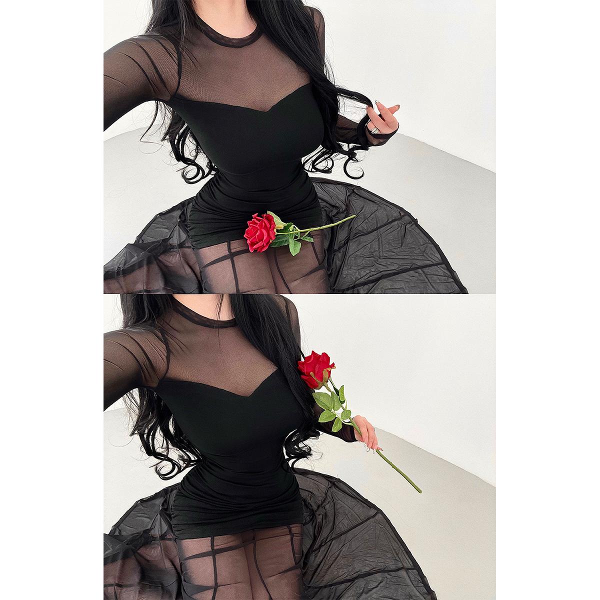 YoungGirlDay步步生莲纯欲风网纱拼接褶皱收腰包臀鱼尾连衣裙长裙 - 图1