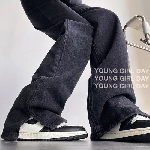 YoungGirlDay 2023新款高腰修身显瘦百搭直筒拖地开叉牛仔裤长裤 - 图2