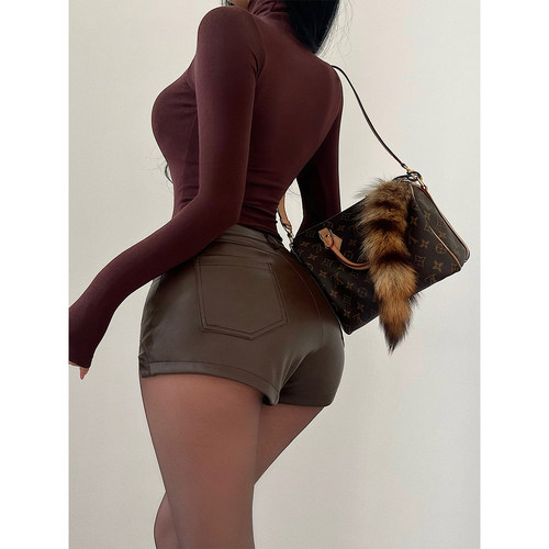 YoungGirlDay辣妹性感高腰显瘦提臀丰胯裤弧形显腿长PU皮短裤热裤 - 图2