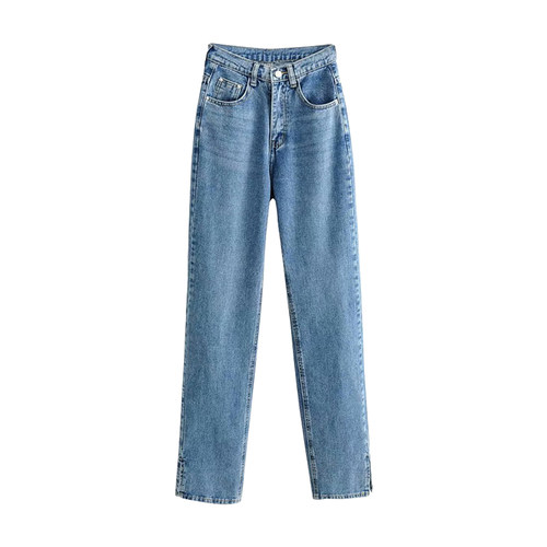 YoungGirlDay 2023新款高腰修身显瘦百搭直筒拖地开叉牛仔裤长裤 - 图3