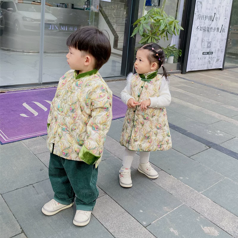 Moxi儿童旗袍绿色凤羽水貂毛背心裙长袖夹棉旗袍女童中式年服国风 - 图0