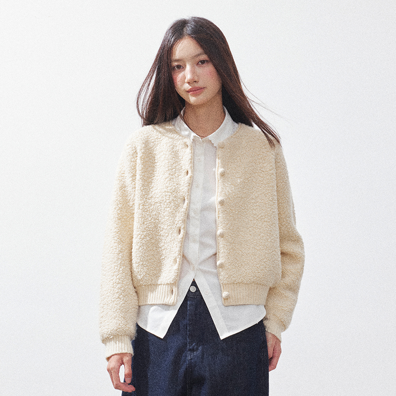 RPB BRAND纯羊毛简约修身短款羊羔毛外套女保暖羊羔绒棒球服夹克 - 图1