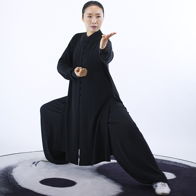 马蕾太极春夏秋薄款运动棉黑色男练功晨练服白色女式太极服小长袍_虎窝淘