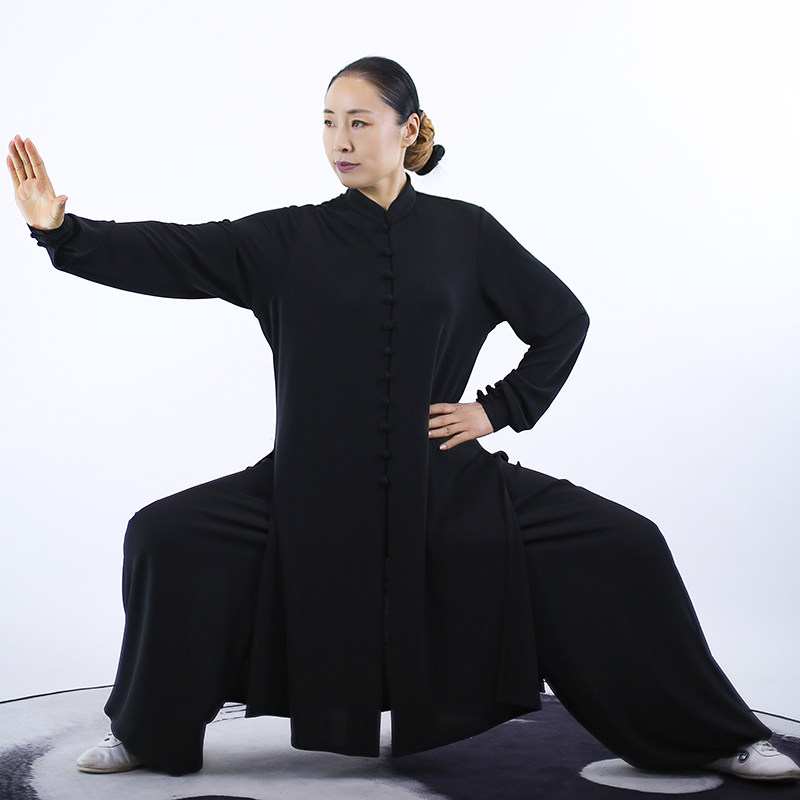 马蕾太极春夏秋薄款运动棉黑色男练功晨练服白色女式太极服小长袍_虎窝淘