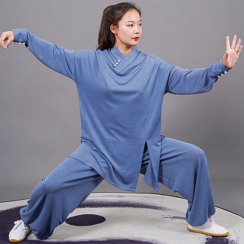 马蕾太极春秋薄款男女休闲太极服蓝时尚练功晨练服定制长袖中国风 - 图2