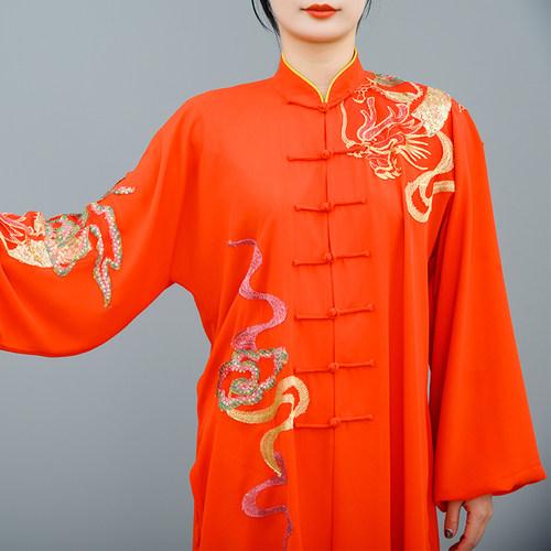 马蕾太极春夏款男女式黑红色太极服定制练功服贴纱绣龙表演服长款 - 图1