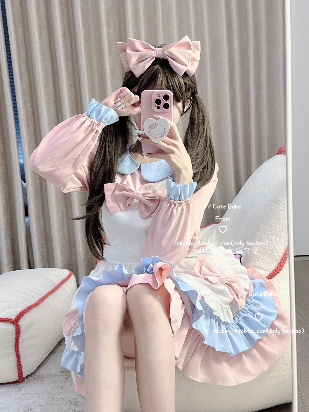 Miubby「恋恋慕斯」日系软妹蝴蝶结粉色女仆装lolita长袖cos服 - 图0