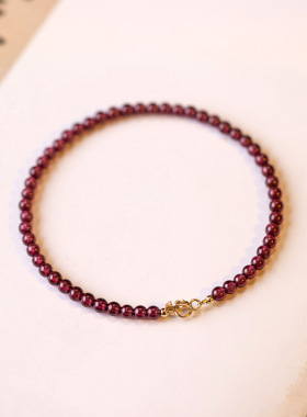 水晶手链极细3mm天然酒红石榴石手链女14K金细款手饰现货