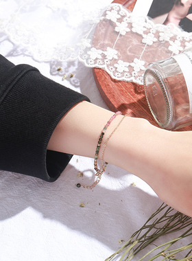 天然水晶手链碧玺渐变双层手串女极细铜镀真金简约水晶手饰