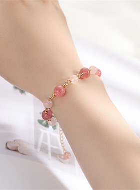 怪物喵手作 草莓晶粉晶月光石手链女甜美日系 强力招桃花转运