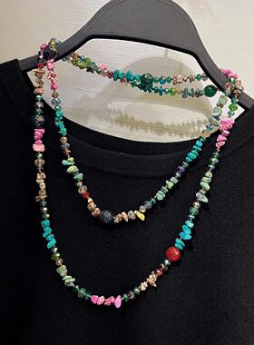 春夏新款彩色石头超长款毛衣链百搭长项链时尚装饰链双层不过敏女