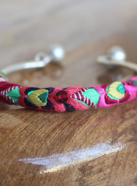 百搭手环复古民族风苗银刺绣铃铛