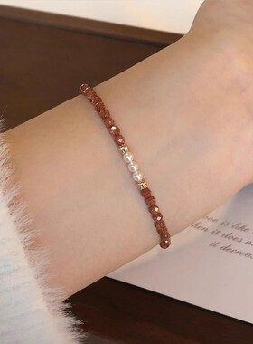 S925纯银西瓜珠爆闪金砂石施家手链女生高级感轻奢小众酒红色手串