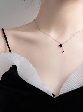 项链女纯银黑色吊坠小众轻奢设计感简约ins冷淡风锁骨链新款潮