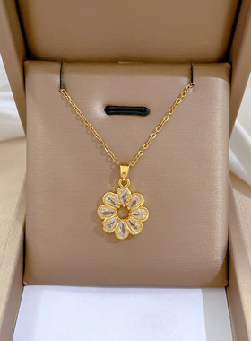 金色满钻花朵项链女百搭毛衣链