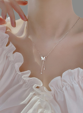 S999足银贝母蝴蝶流苏项链女2026新爆款轻奢小众高级感气质锁骨链